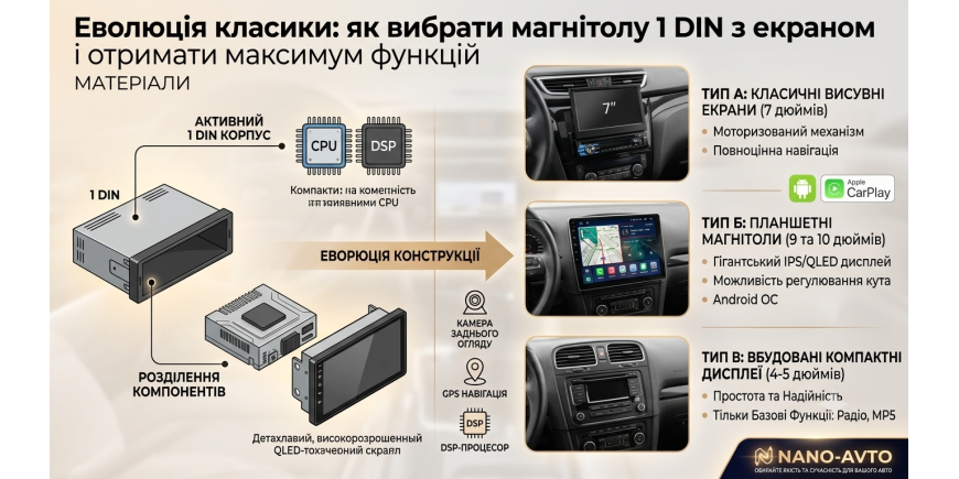 Магнітоли 1 DIN з екраном: розміри, типи та як вибрати
