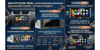 Магнитола 1DIN с экраном 6.9", 6.86", 6.4", 6.58" и 6.3" в размер 1ДИН