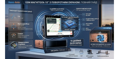 Магнитола 1DIN с экраном 10 дюймов и поворотным механизмом на Android