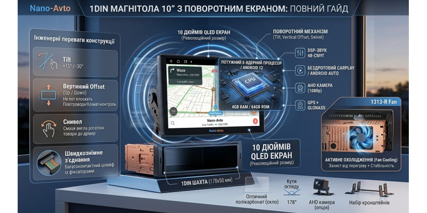 Магнітола 1DIN з екраном 10 дюймів та поворотним механізмом на Android
